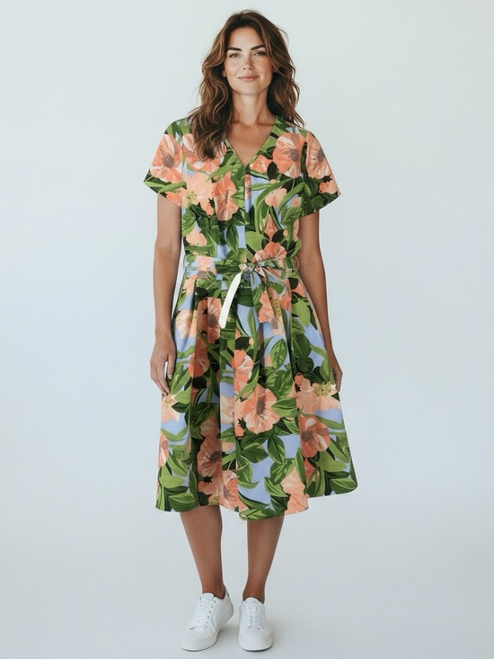 Tahari Dresses & Skirts - NEW TAHARI Floral V-Neck Belted Midi Dress in Green and Peach SIZE 10